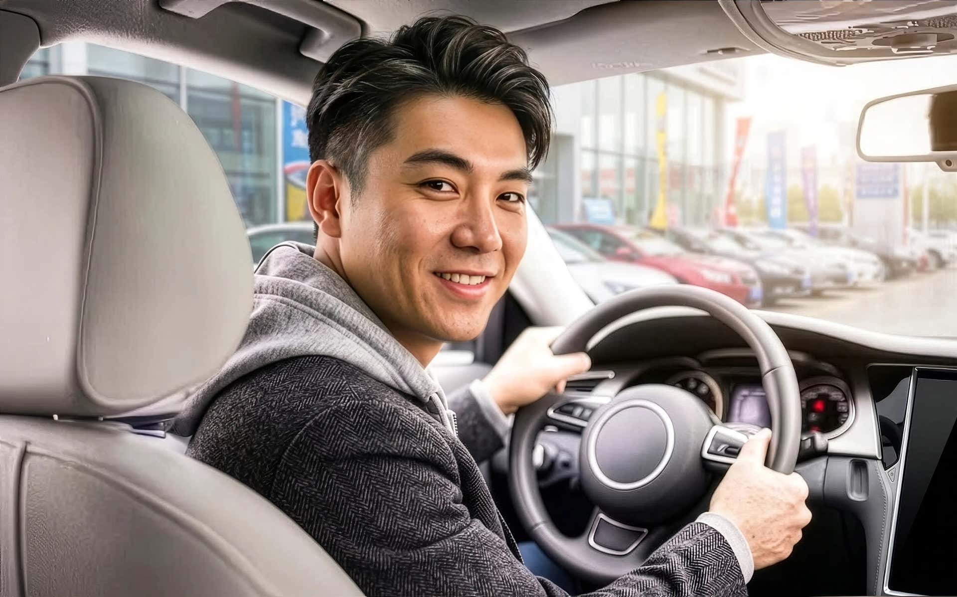 Informed buyer confidently seated in a new car after securing invoice pricing online.
