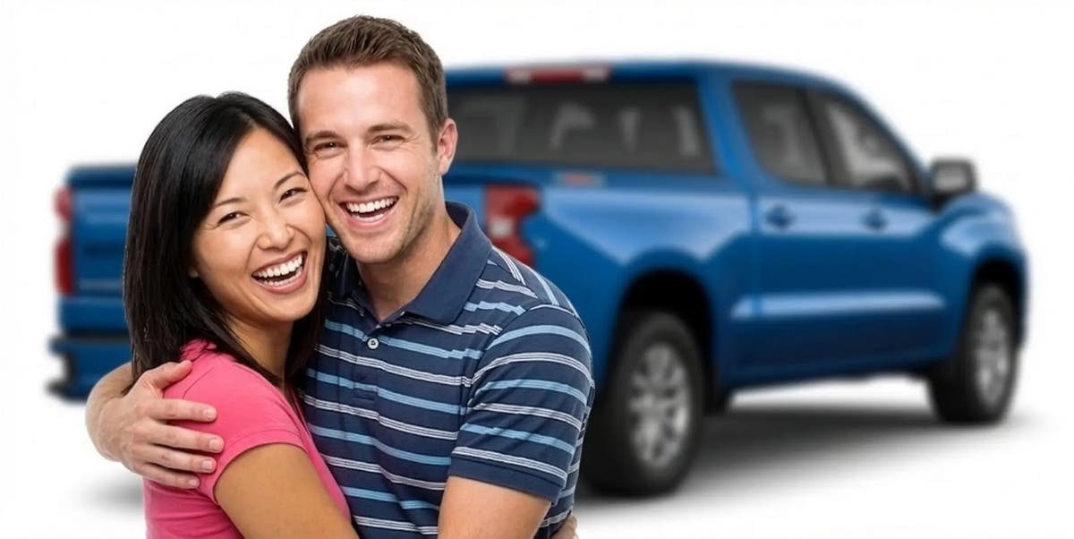 Informed car buyers with new blue pickup truck